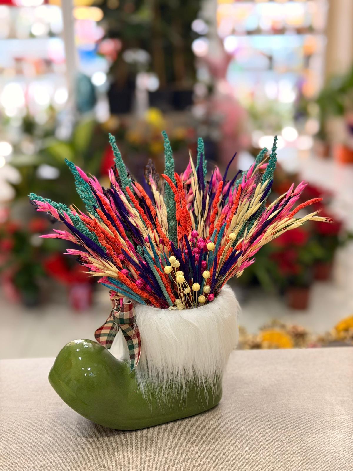 Yeşil Çizme Seramik Pembe Kuru Çiçek