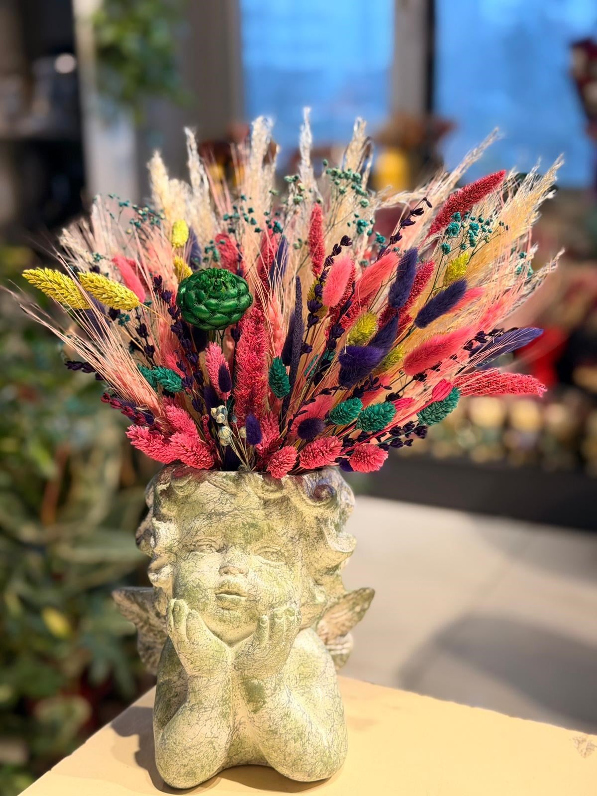 Yeşil Desenli Melek Seramik Pembe Kuru Çiçek
