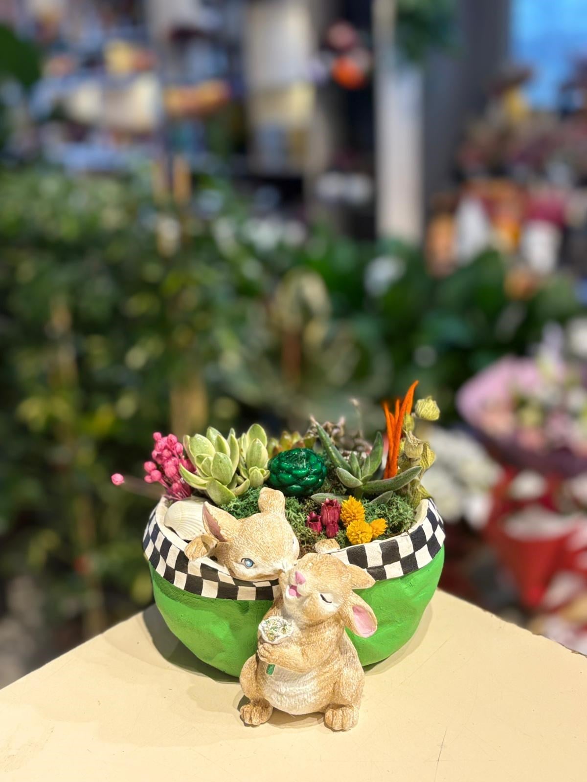 Yeşil Tavşan Seramik Sukulent Aranjmanı