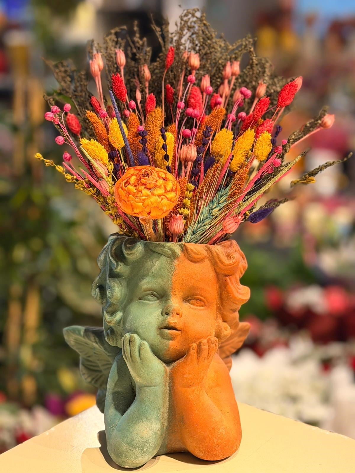 Yeşil Turuncu Melek Seramik Kuru Çiçek