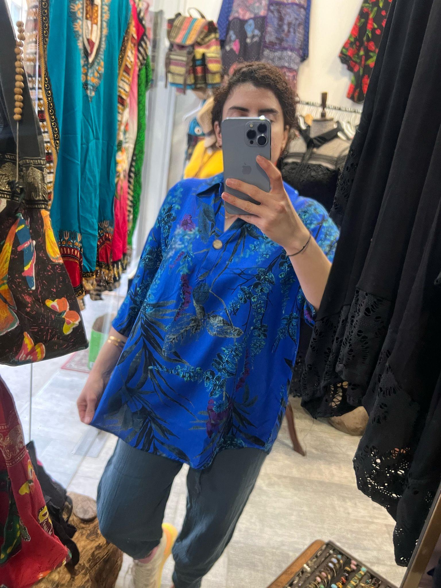 Desenli Önden Tek Düğmeli Gömlek Mavi