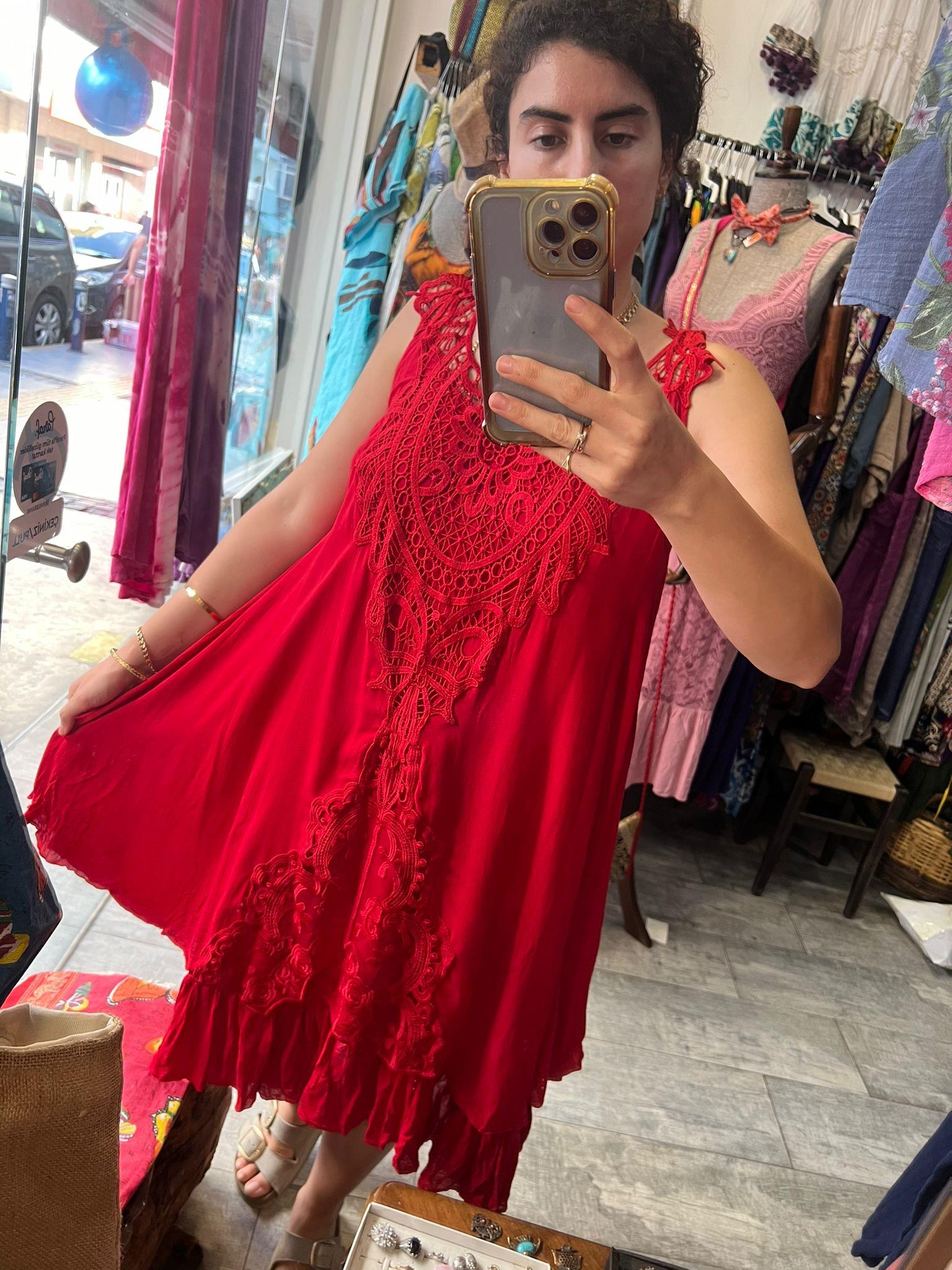 İtalyan Ham Pamuk Astarlı Elbise Kırmızı