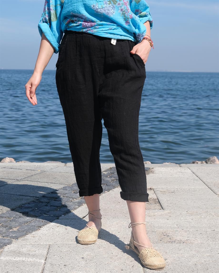 İtalyan Keten Pantolon Siyah