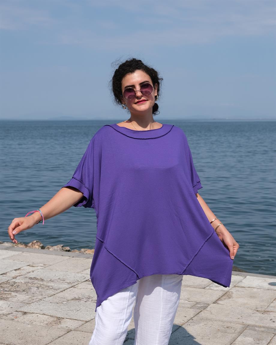 Kol ve Yaka Detay Simetrik Bluz Mor