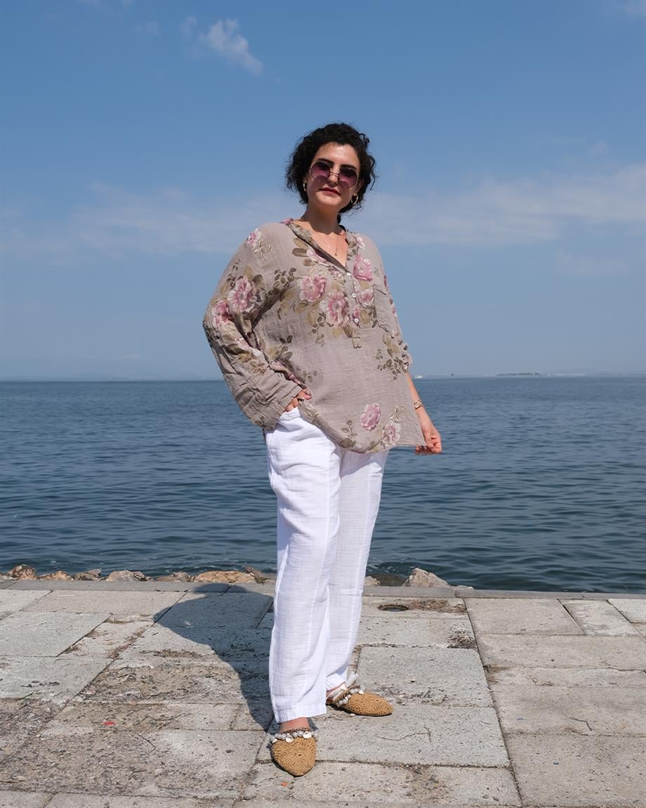 Önden Cepli Müslin Pantolon Beyaz