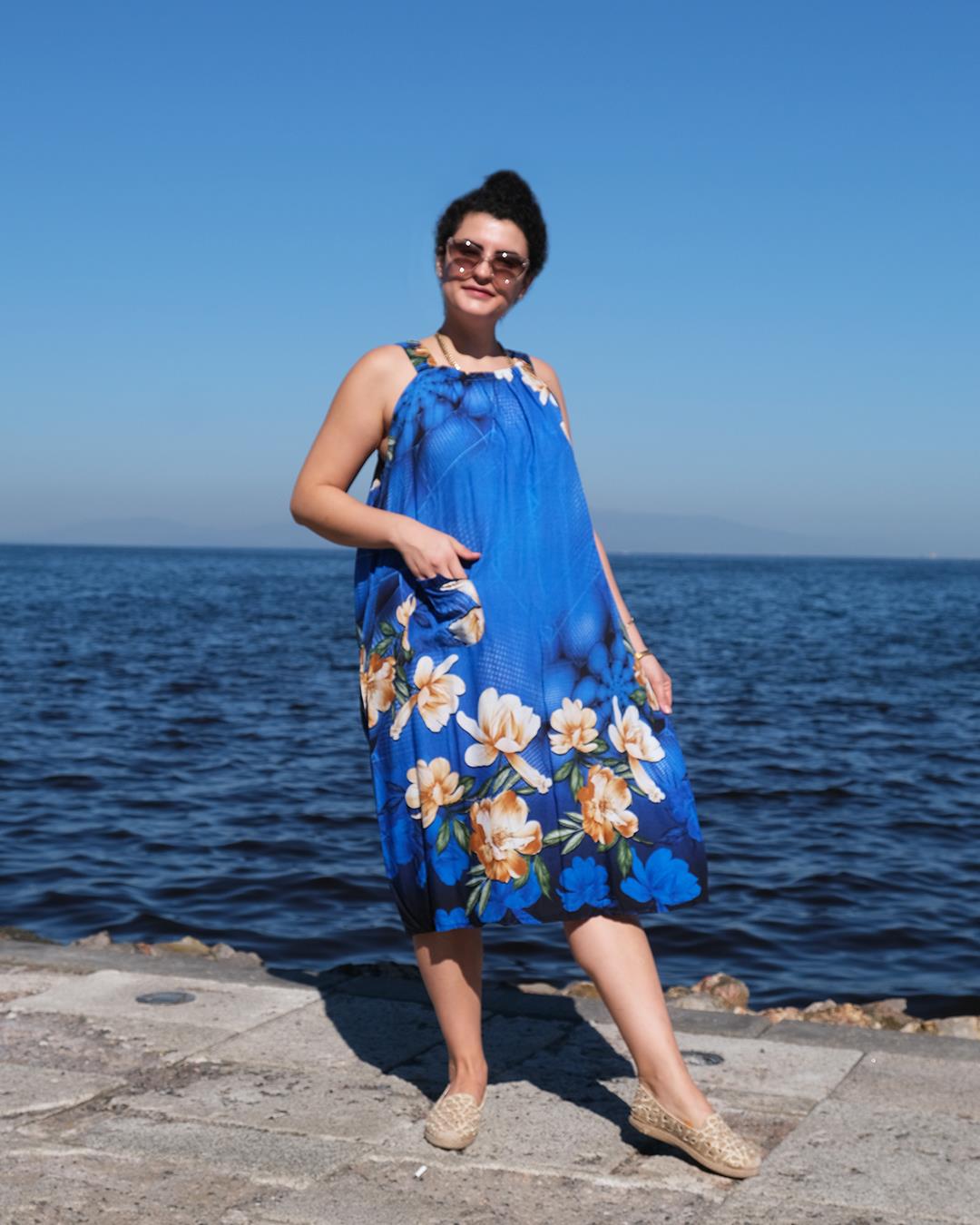 Uzakdoğu Bitkisel İpek Elbise El Baskısı Büyük Çiçek Mavi