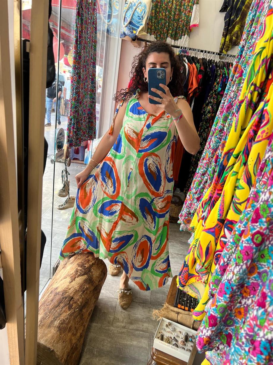 Askılı Uzun Elbise Renkli