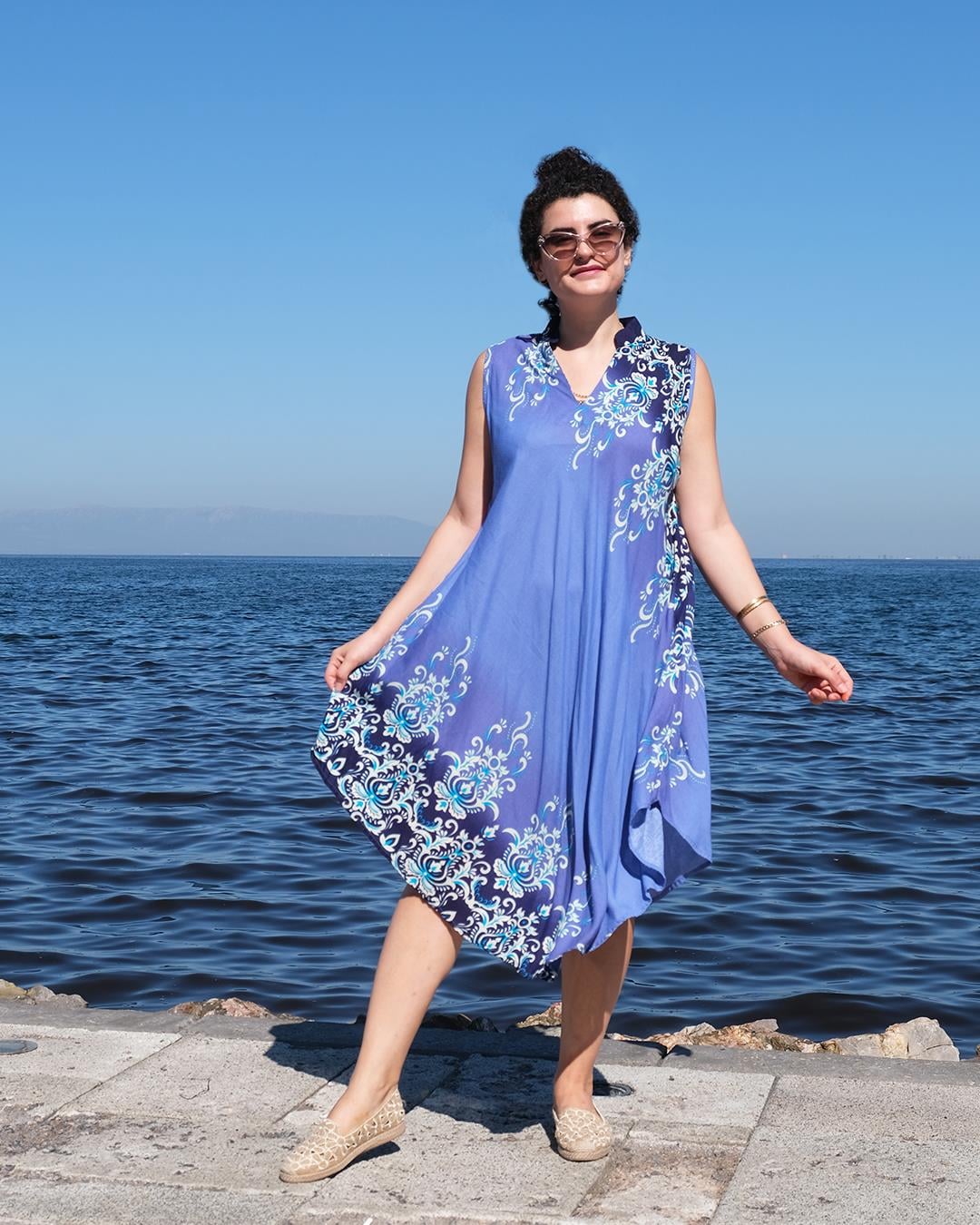 Bitkisel İpek El Baskısı Elbise Desenli Mavi