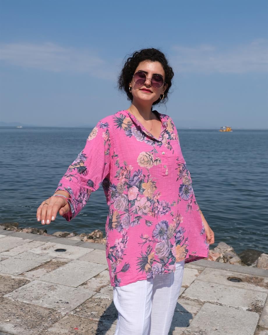 Çiçek Desenli Hakim Yaka İtalyan Keten Gömlek Açık Pembe