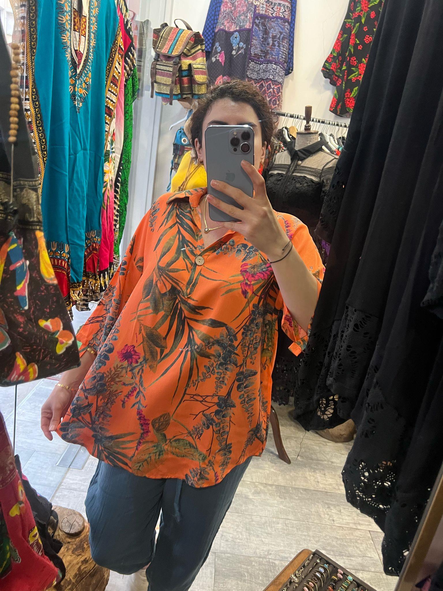 Desenli Önden Tek Düğmeli Gömlek Turuncu