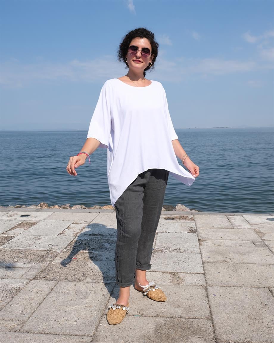 Dirsek Kol Bluz Beyaz