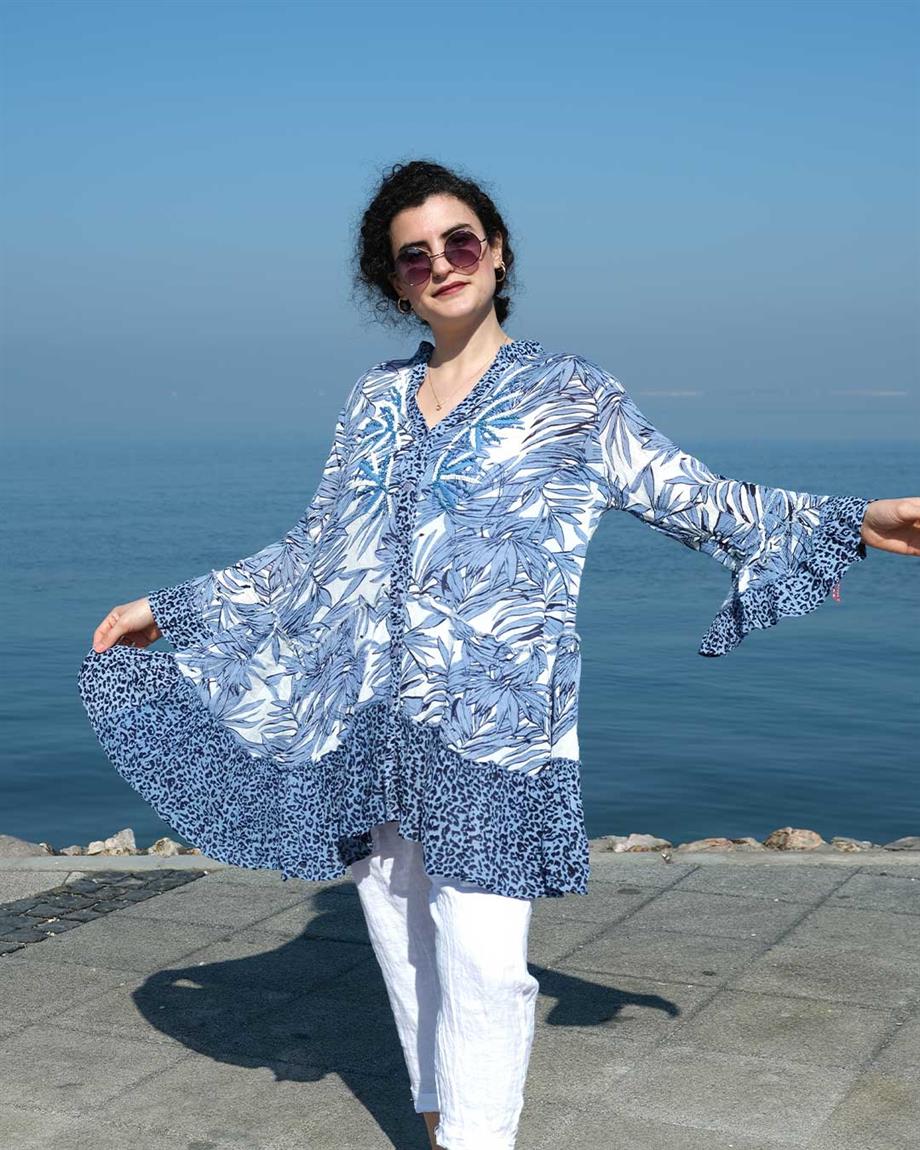 El Boyaması El İşlemesi Detaylı Ham Pamuk Bluz