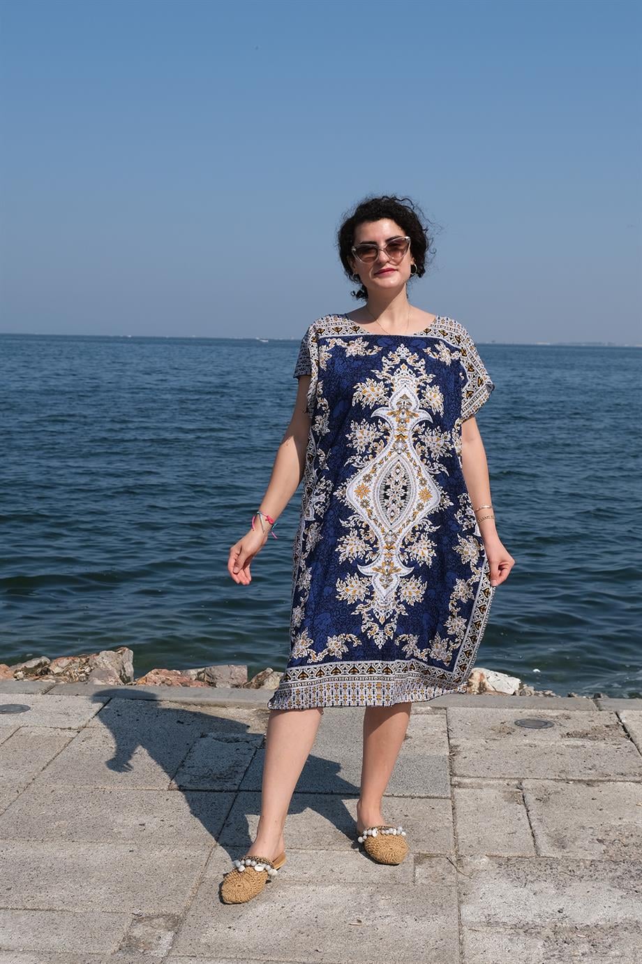 Etnik Desen Elbise Mavi