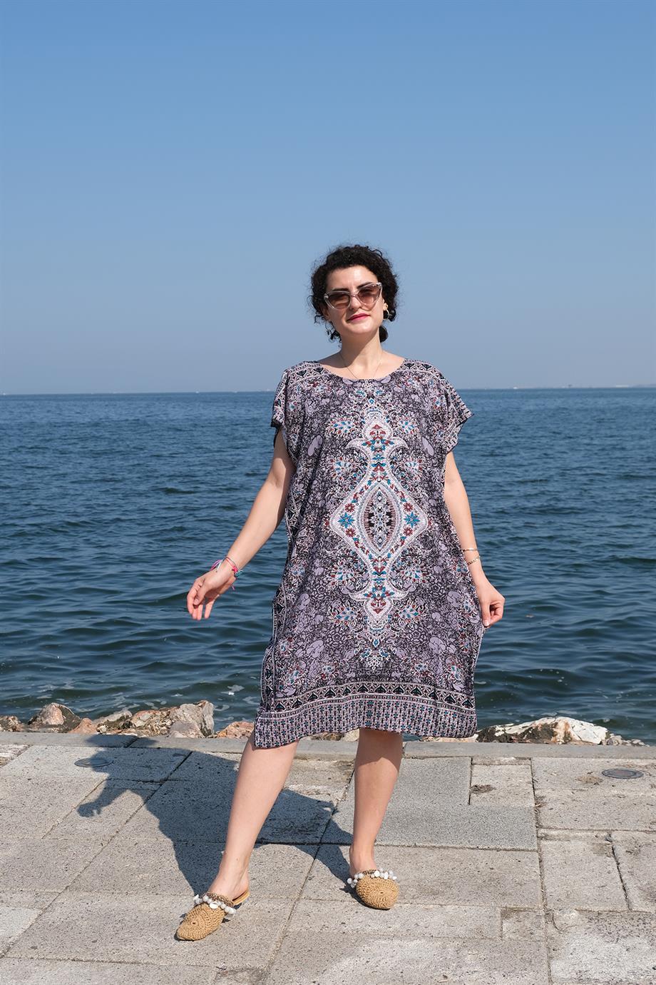 Etnik Desen Elbise Mor