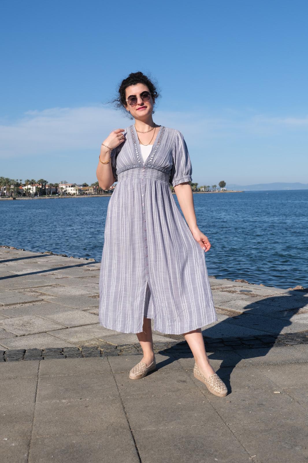 Ham Pamuk Kumaş Yarım Kollu Elbise Gri