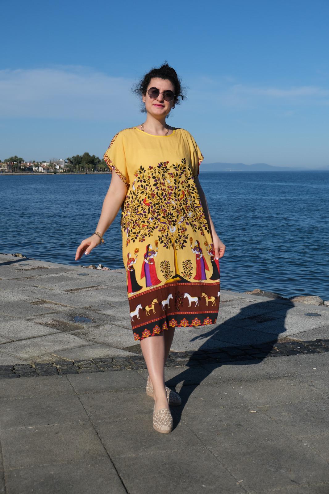 Hayat Ağacı Uzakdoğudan El Baskısı Bitkisel İpek Elbise Sarı