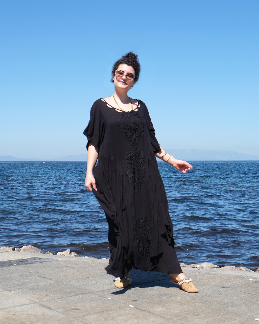 İtalyan Dantelli Astarlı Ham Pamuk Elbise Siyah