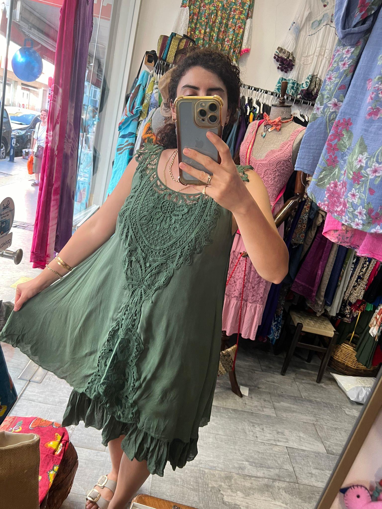 İtalyan Ham Pamuk Astarlı Elbise Yeşil