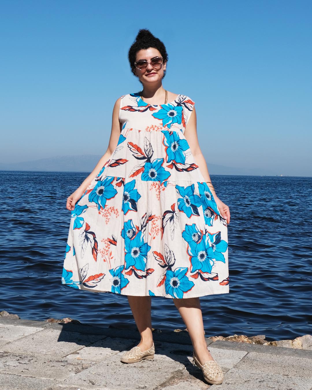İtalyan Keten Elbise Manolya Desen Beyaz