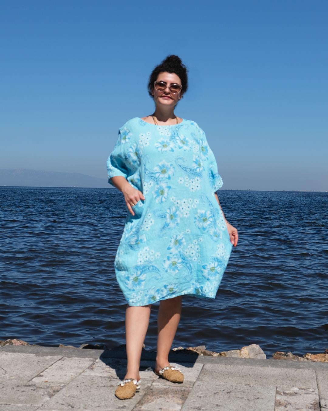 İtalyan Keten Elbise Papatya Desen Mavi