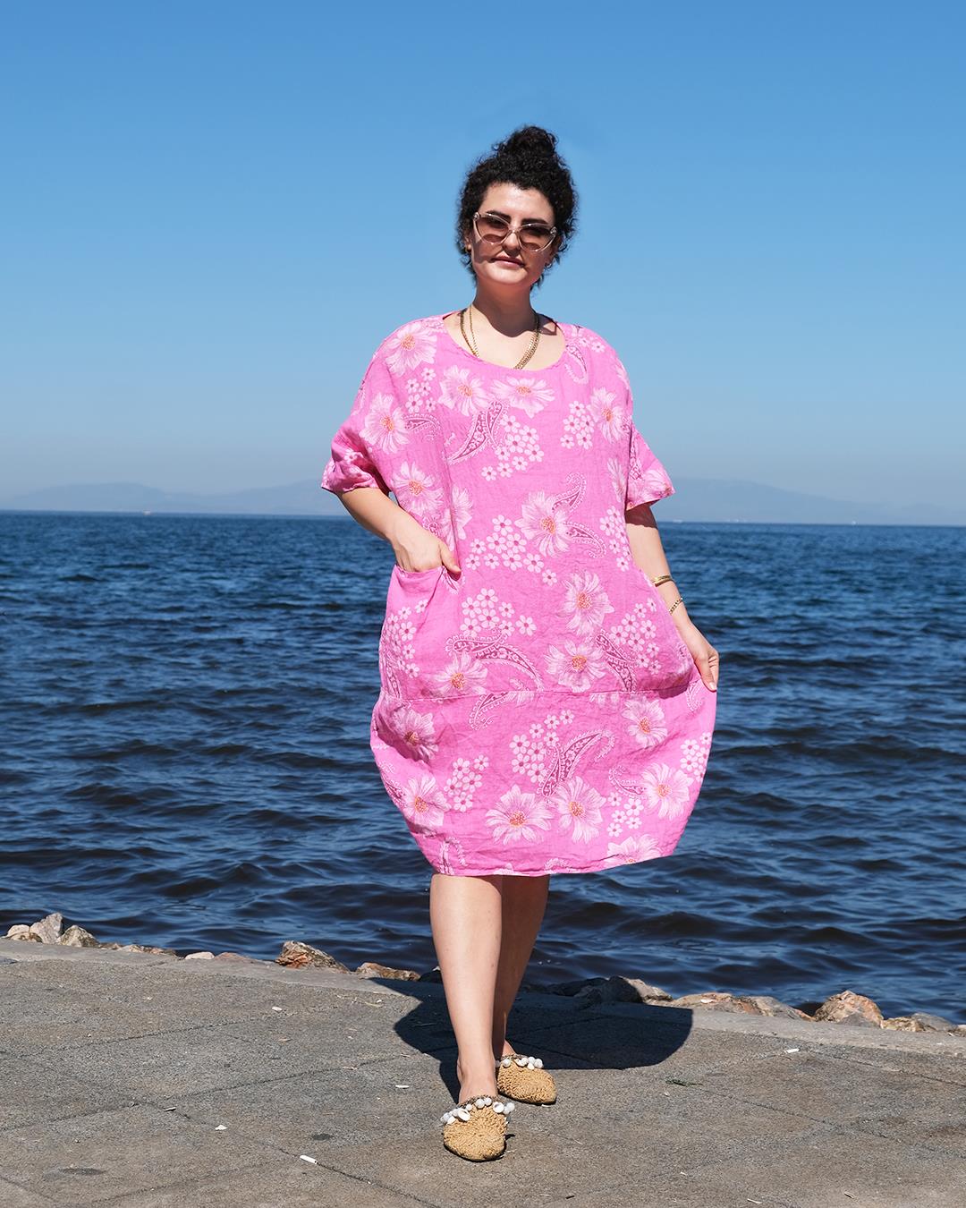 İtalyan Keten Elbise Papatya Desen Pembe