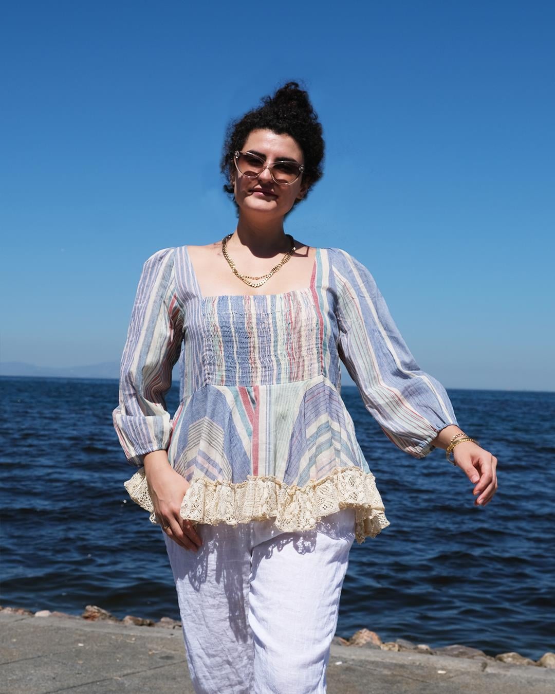 İthal Ham Pamuk Bluz Dantel Detaylı Çizgili Mavi