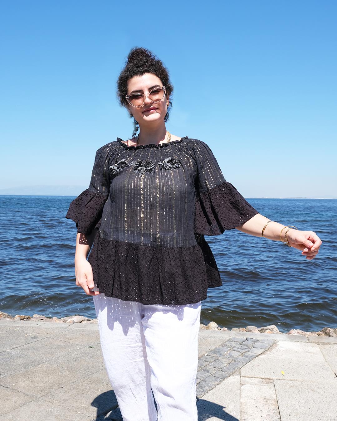 İthal Ham Pamuk Bluz Işıltılı Siyah