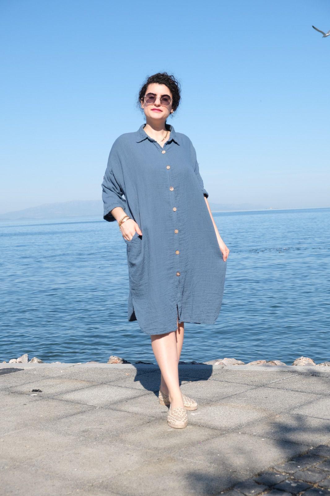 Müslin Pamuk Kumaş Çift Katlı Gömlek Elbise Mavi