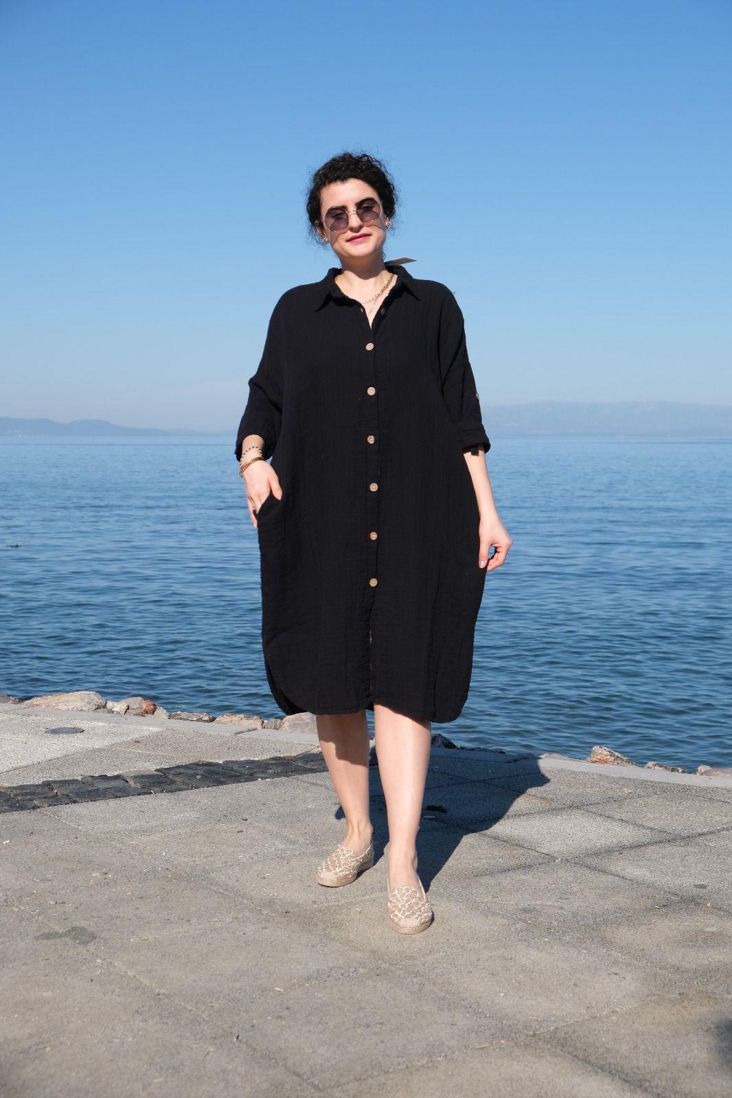 Müslin Pamuk Kumaş Çift Katlı Gömlek Elbise Siyah