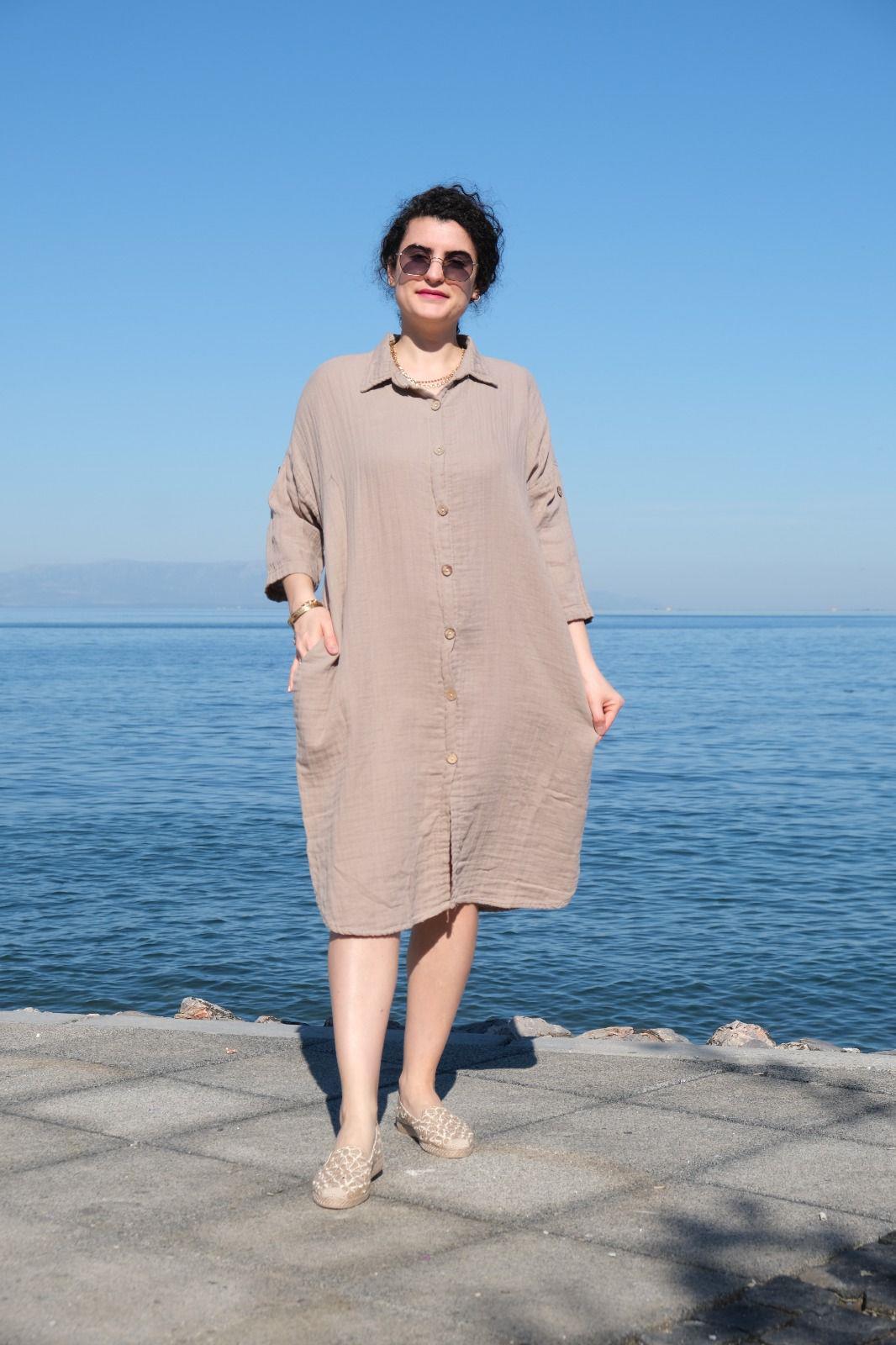 Müslin Pamuk Kumaş Çift Katlı Gömlek Elbise Vizon