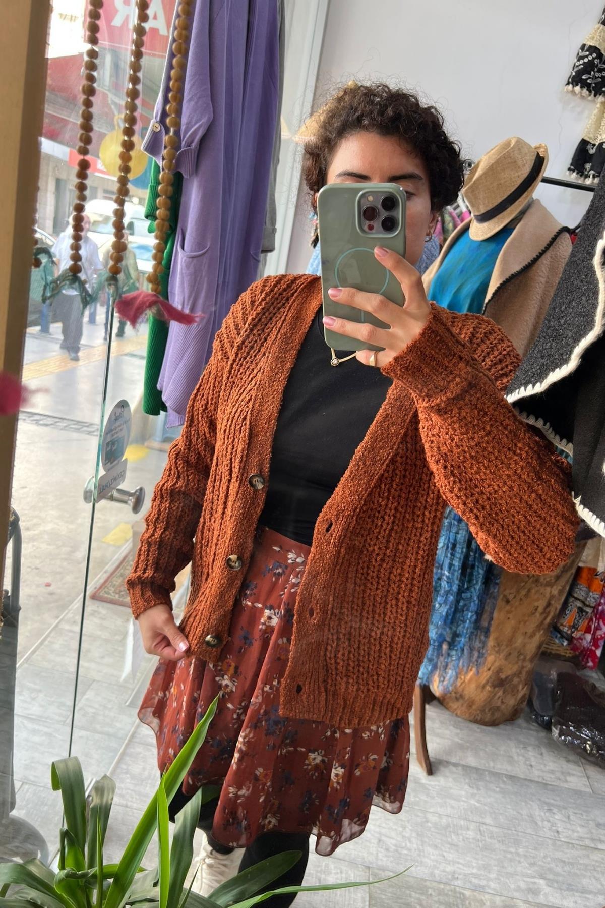 Önden Düğmeli Merserize Hırka Kiremit Rengi