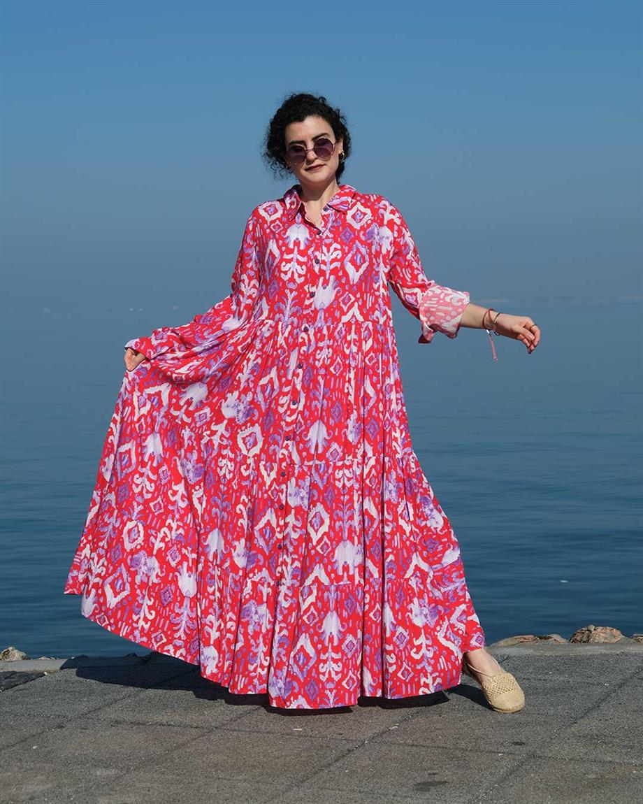 Önden Düğmeli Uzun Kollu Uzun Elbise Pembe