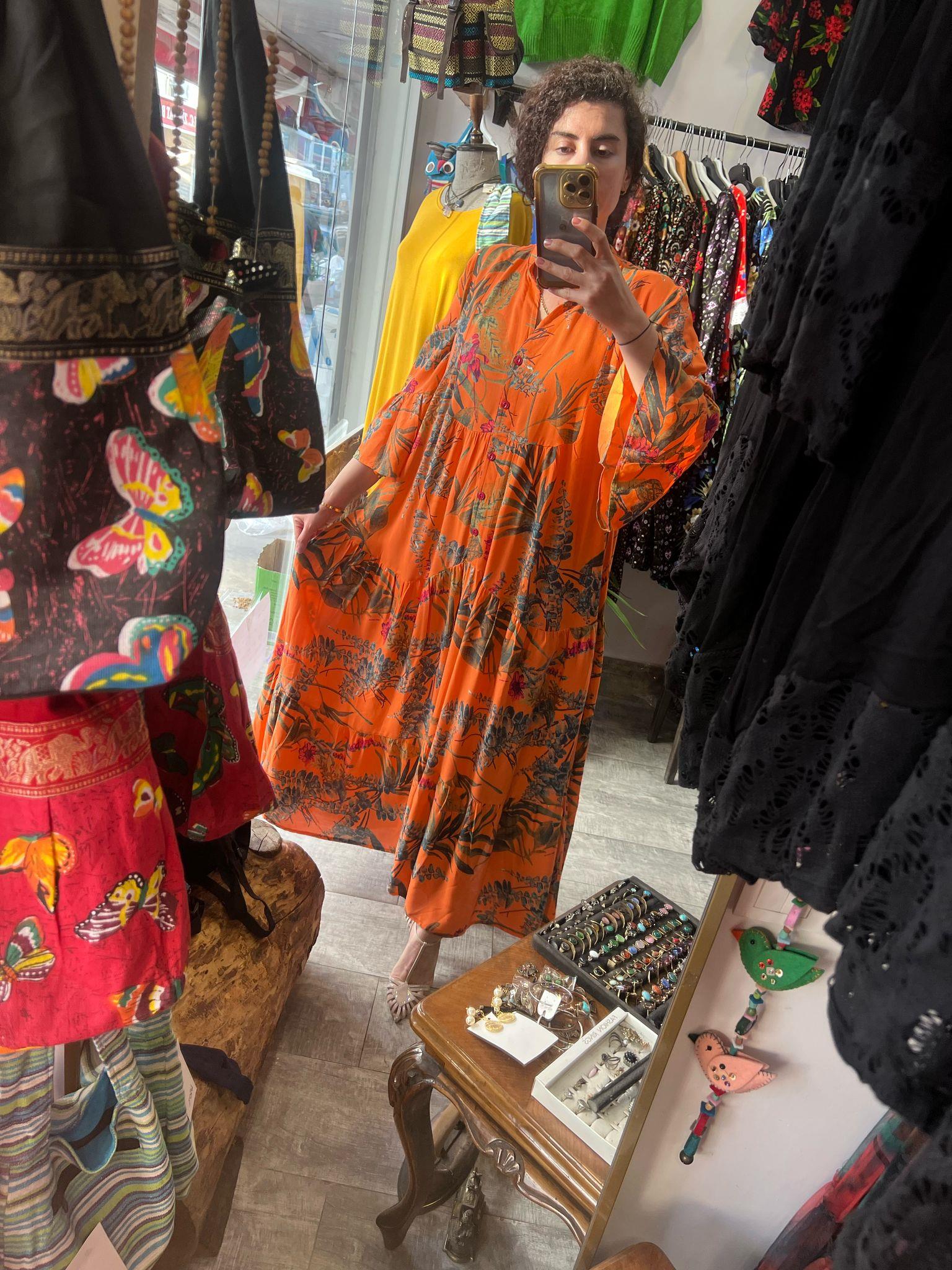 Pamuk Viskon Kumaş Elbise Turuncu