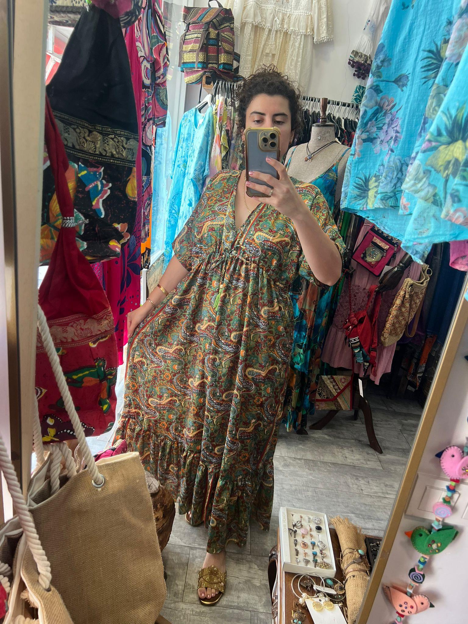 Şal Desen Bitkisel İpek Elbise Bel Büzgü Detaylı Renkli