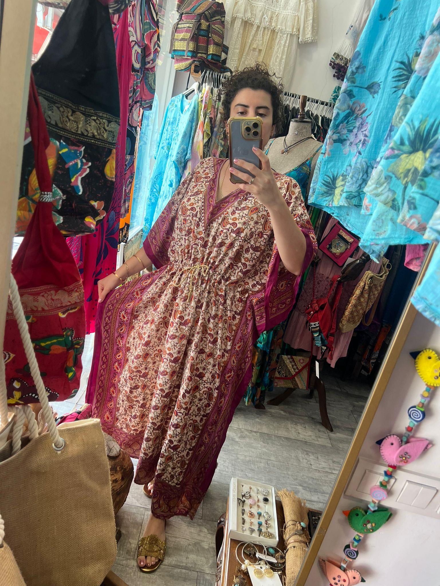 Şal Desen V Yaka Bitkisel İpek Elbise Bel Bağlama Detaylı Renkli