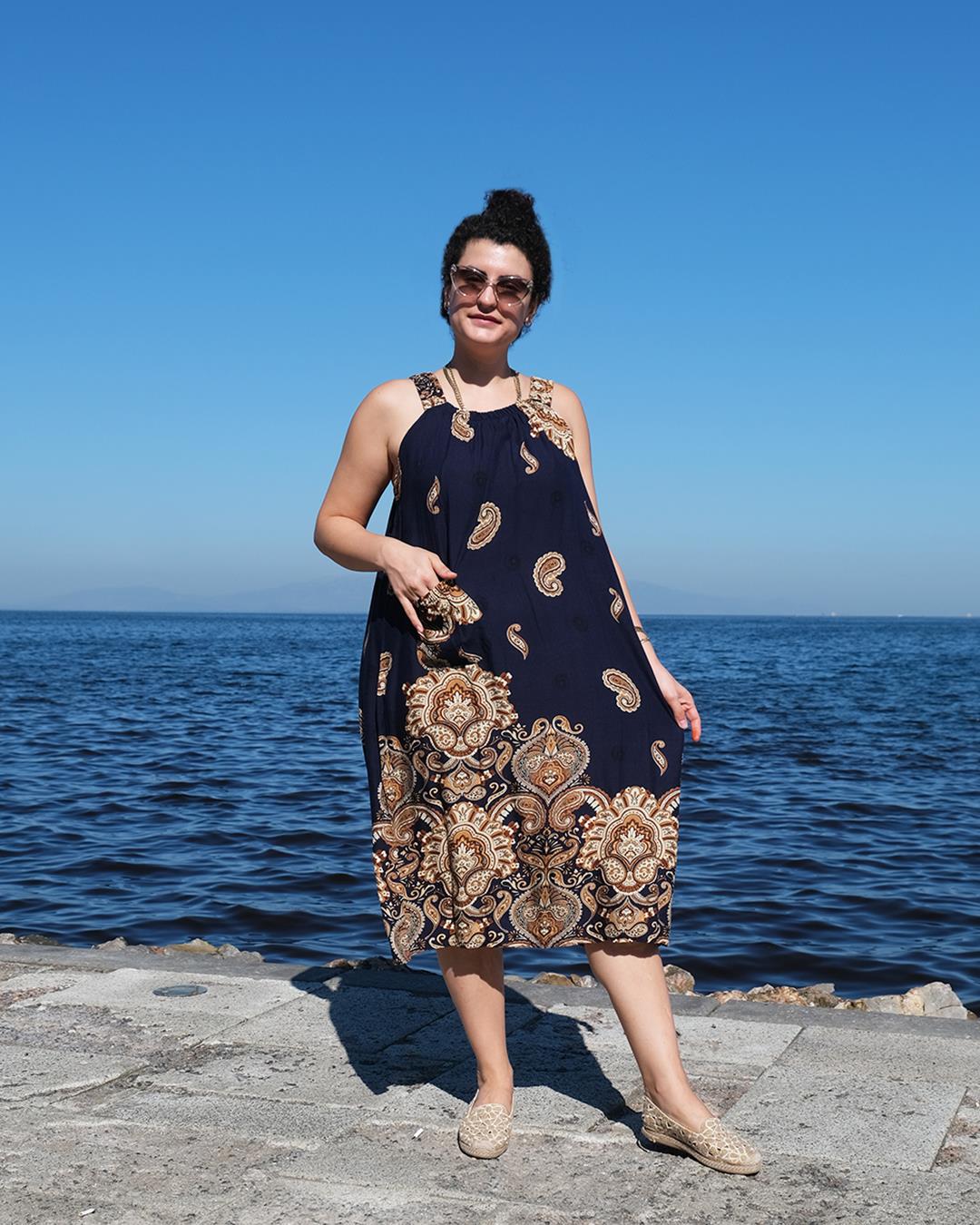 Uzakdoğu Bitkisel İpek Elbise El Baskısı Desenli Lacivert