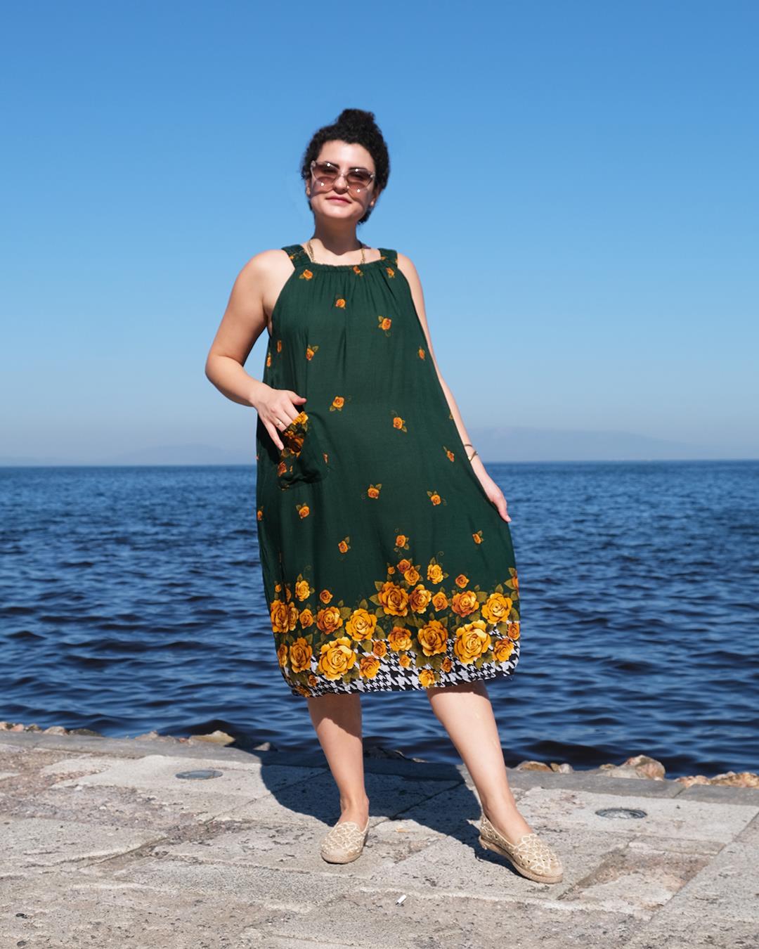 Uzakdoğu Bitkisel İpek Elbise El Baskısı Çiçek Desenli Yeşil