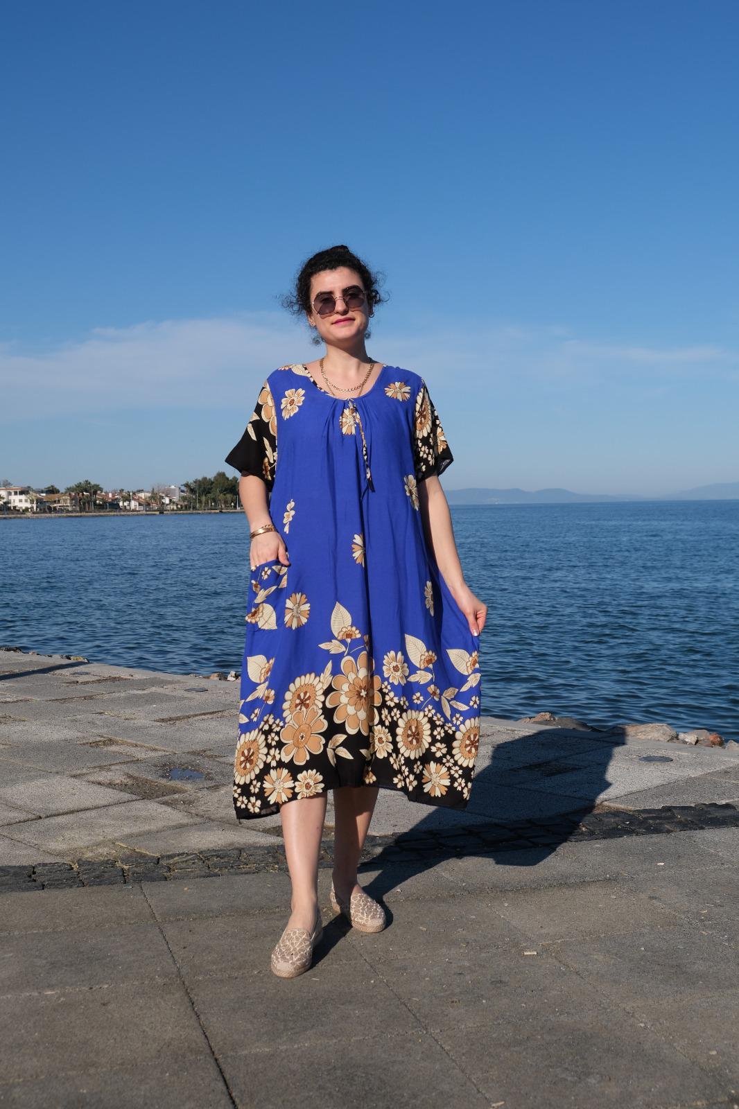 Yarım Kollu Yandan Cepli Elbise Mavi