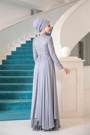 Mimoza Tesettür Abiye Gri