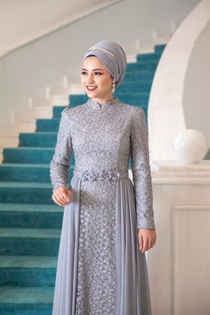Mimoza Tesettür Abiye Gri