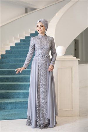 Mimoza Tesettür Abiye Gri