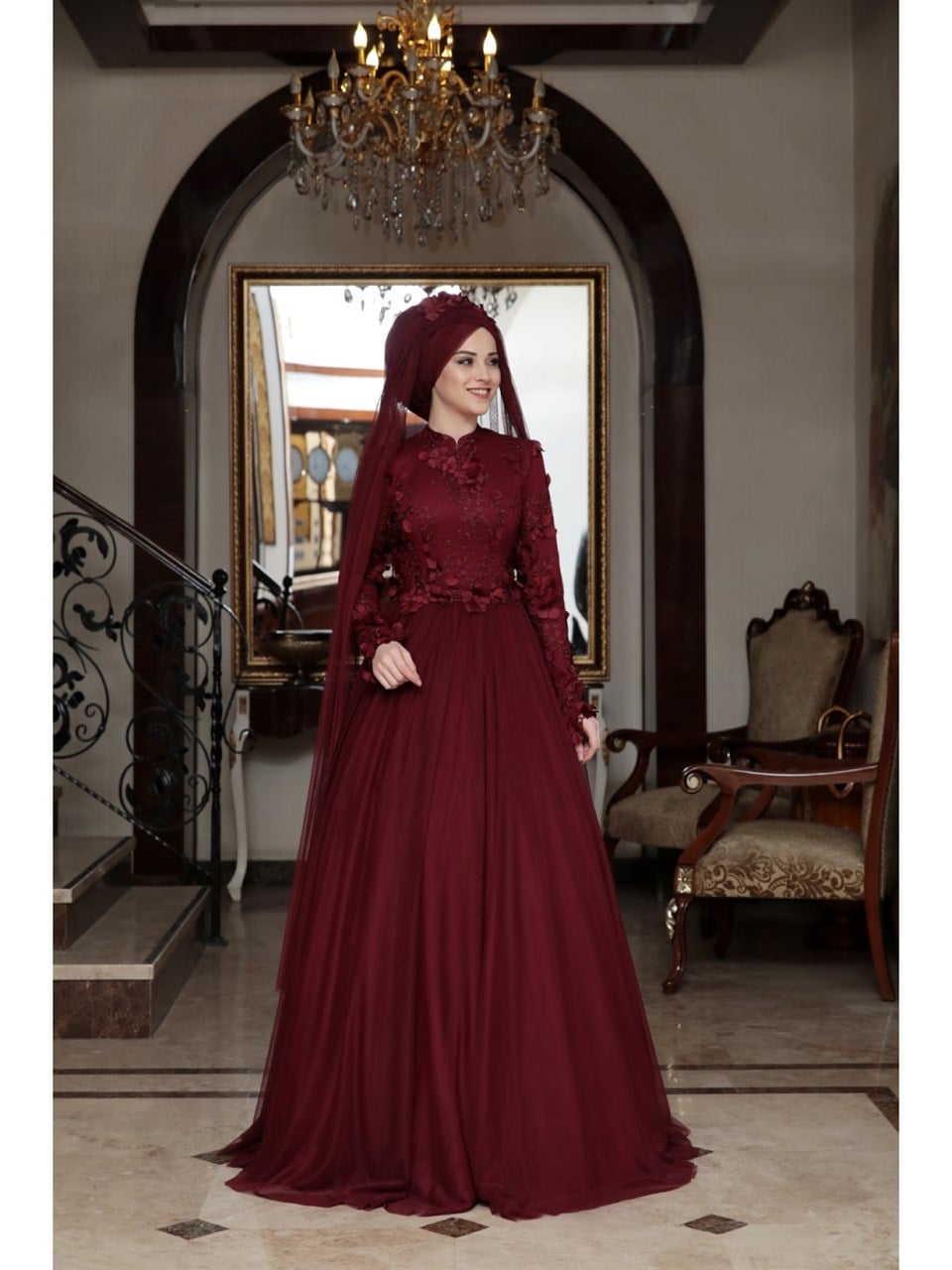 Seyran Hijab Evening Dress Burgundy
