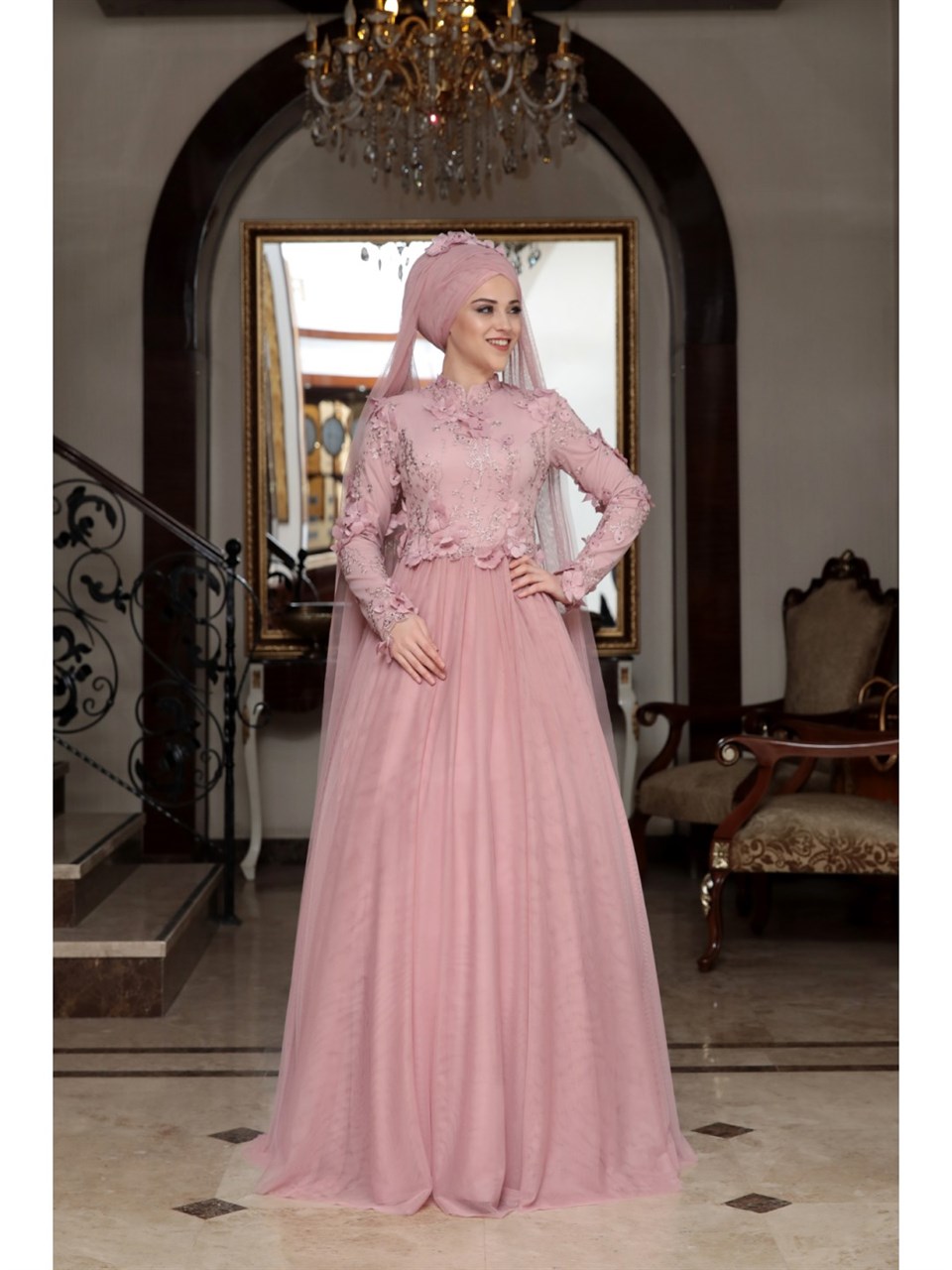 Seyran Hijab Evening Dress Powder