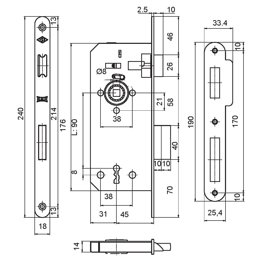 KALE 141R45 ODA SİYAH OVAL 18 MM 90x45 141R MP24203.01.0108512Standart KilitlerKALE