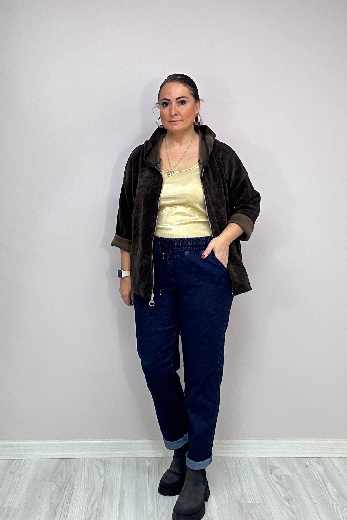  Kendinden İri Desenli Beli Lastikli Jean Pantalon - Mavi