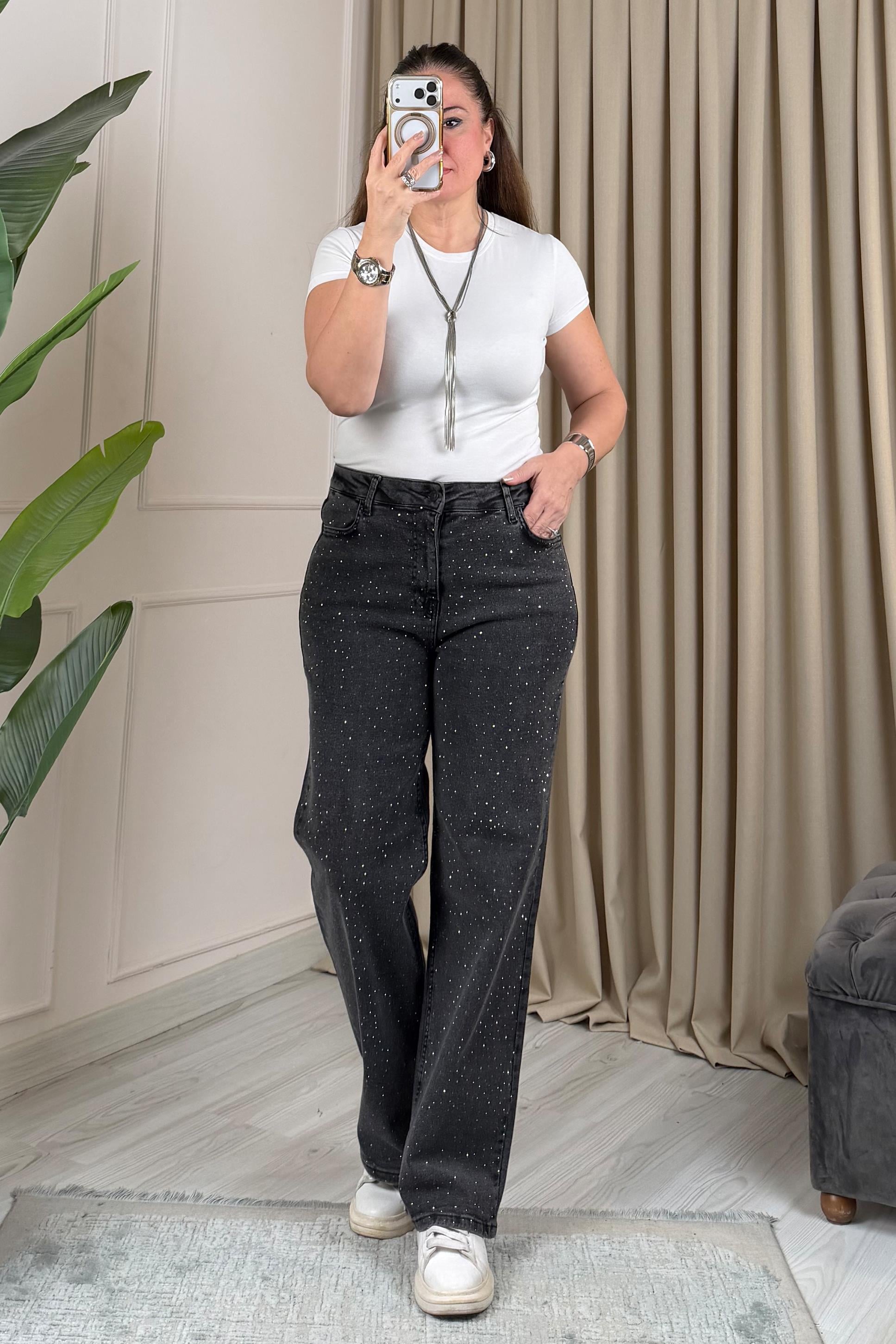 Moon Taşlı Kot Pantolon Gri