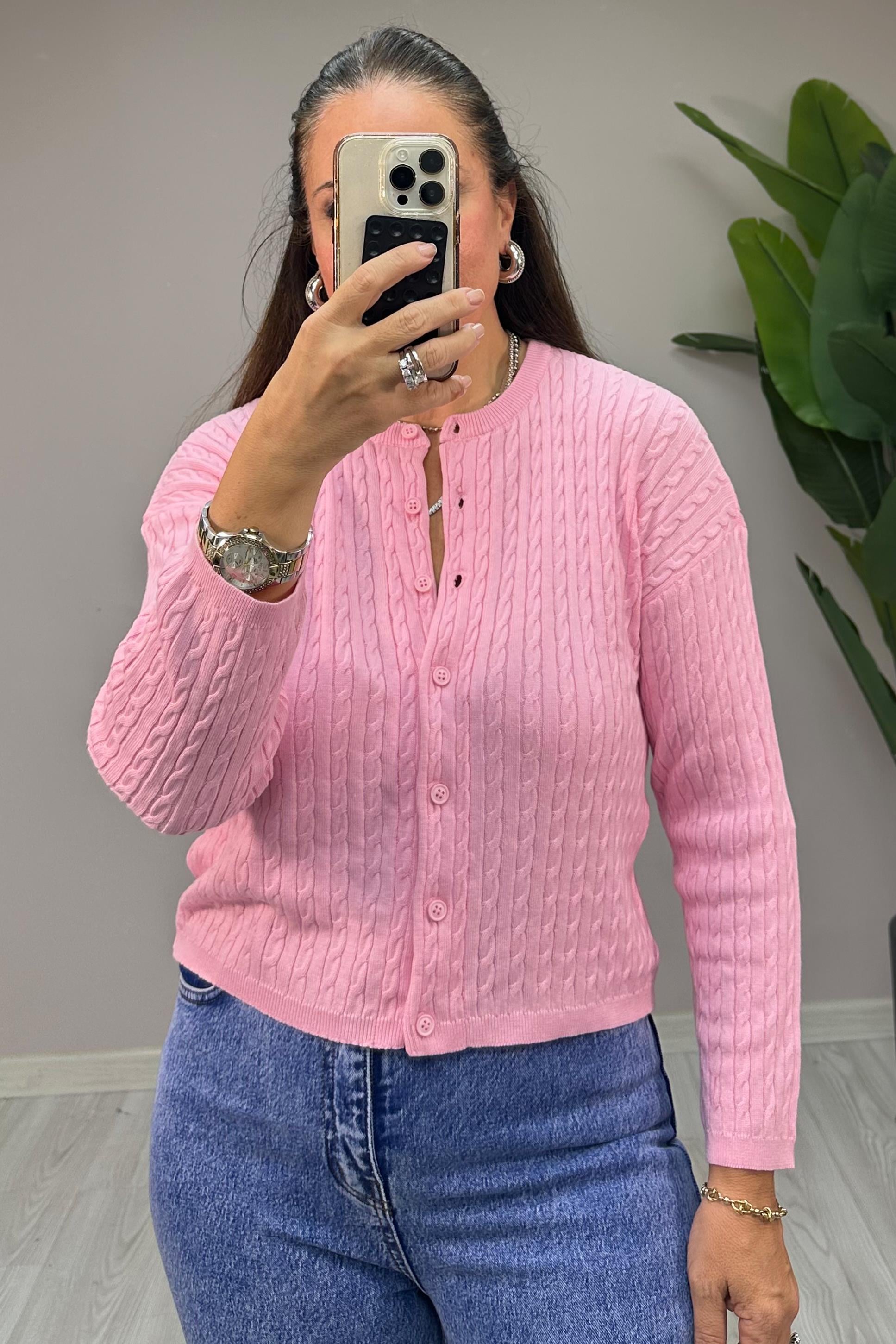 Saç Örgülü Hırka Pembe
