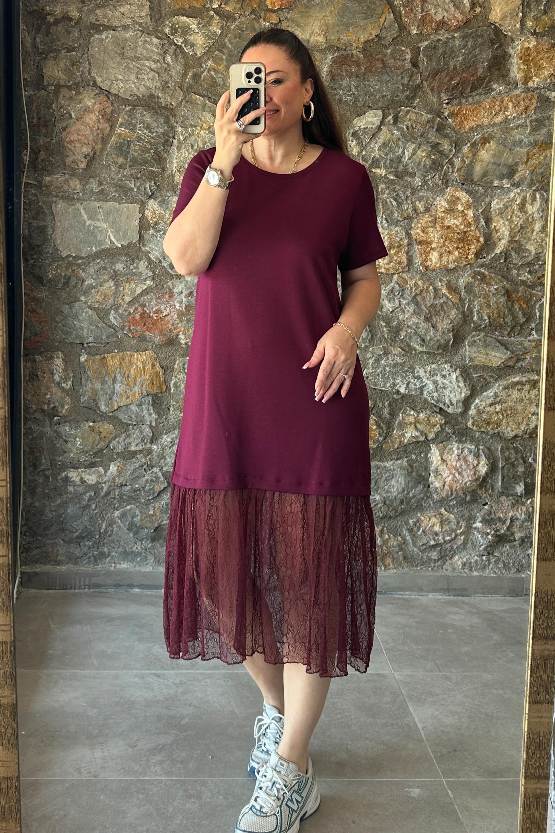 Ester Etek Ucu Dantelli Elbise Bordo