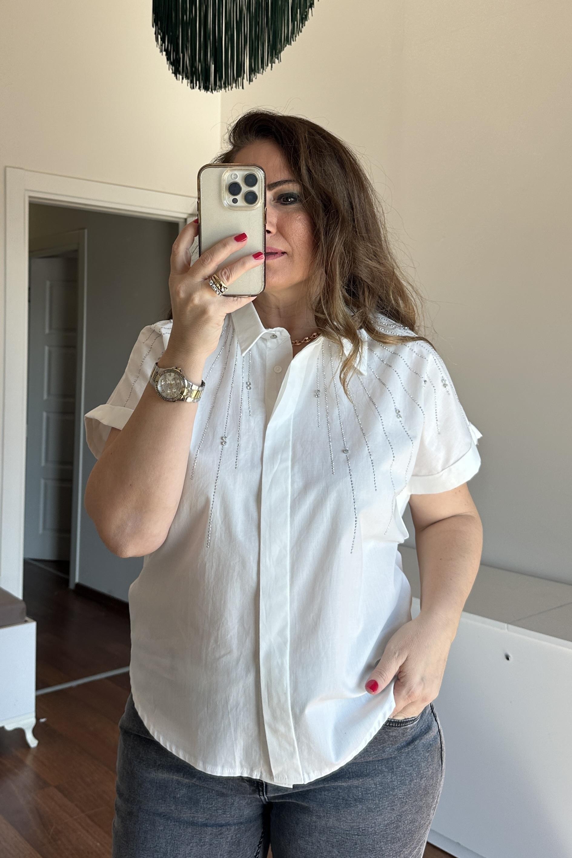 Kısa Kollu Taşlı Gömlek Beyaz
