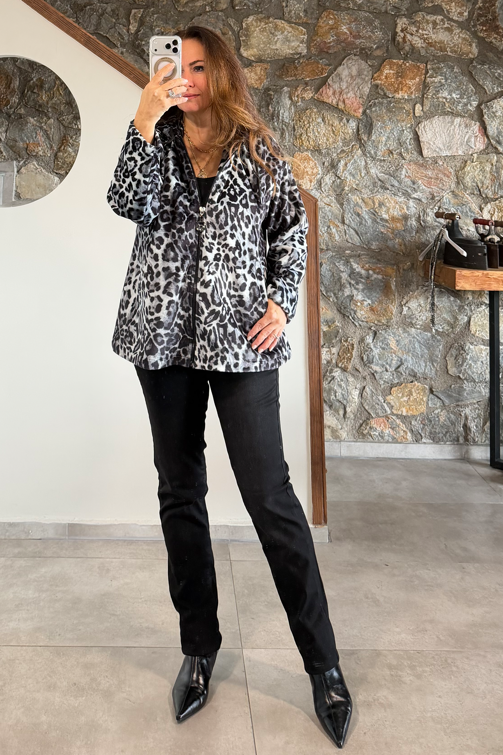 Leva Leopar Desen Ceket Siyah